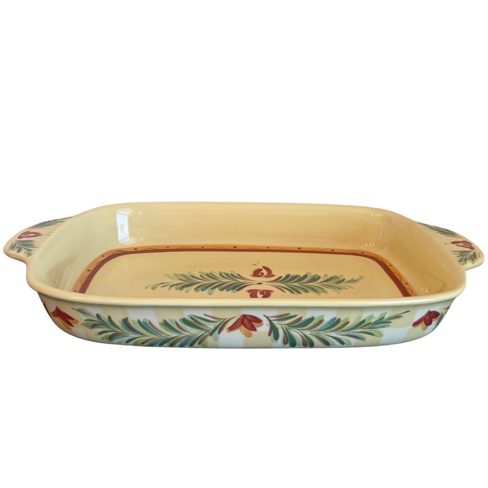 Gail Pittman Rectangular Casserole Baker Large Cream Floral Checkered Ceramic